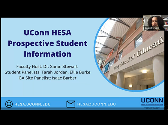 A video conference screen that reads UConn HESA Prospective Student Information.